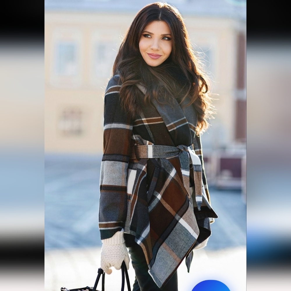 Chicwish Plaid Wrap Jacket in Brown and Gray